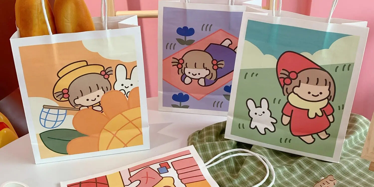 Cute cartoon kraft paper gift bags with handle