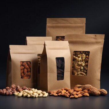 Stand-up food packaging paper pouches with zipper and window