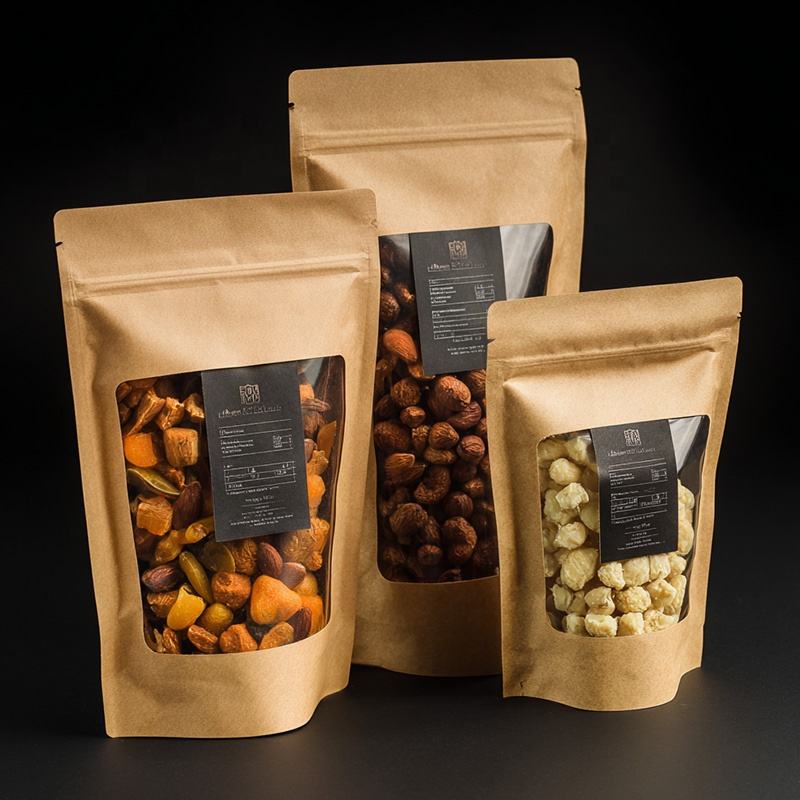 Stand-up food packaging paper pouches with zipper and window