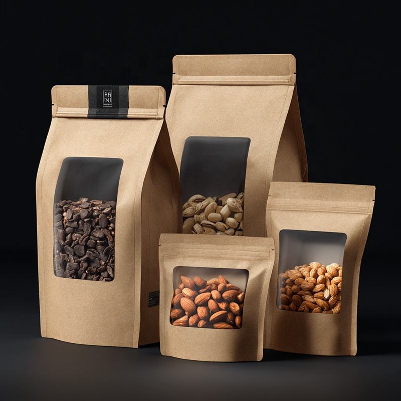 Stand-up food packaging paper pouches with zipper and window