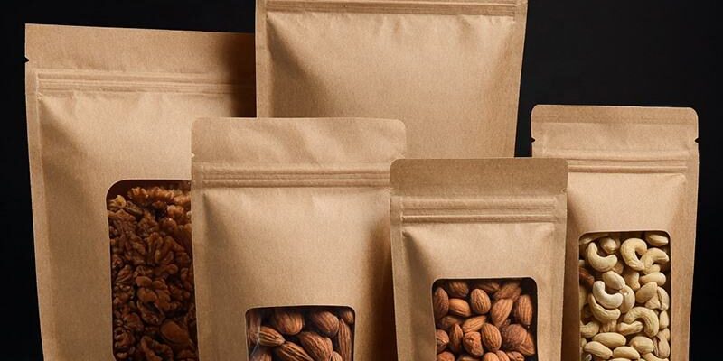 Stand-up food packaging paper pouches with zipper and window