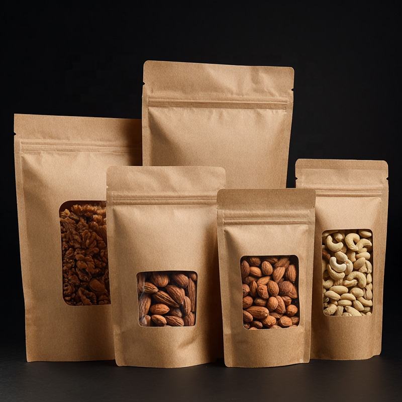Stand-up food packaging paper pouches with zipper and window