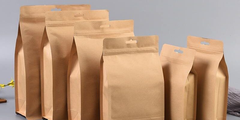 Stand up brown zipper paper pouches for coffee tea packaging