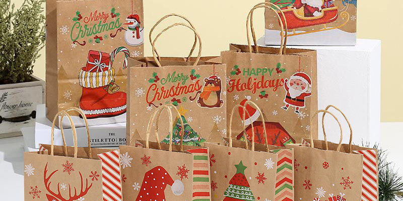 Printed Christmas handle kraft gift paper bags