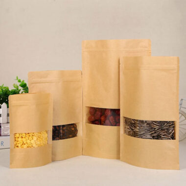 Eco brown white zipper paper pouches with window for food packaging