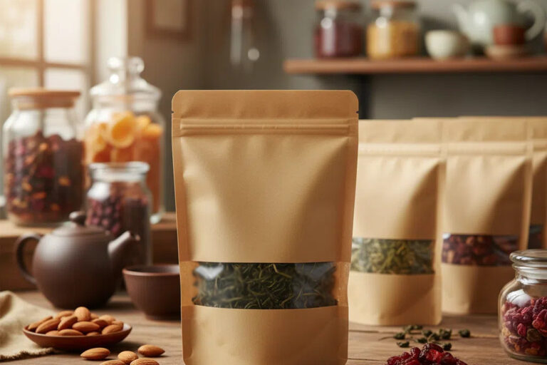 Eco Friendly Recyclable Kraft Paper Pouches with Window (3) Recyclable zipper kraft paper pouches with clear window