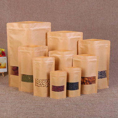 Resealable eco kraft paper pouches with window for tea food