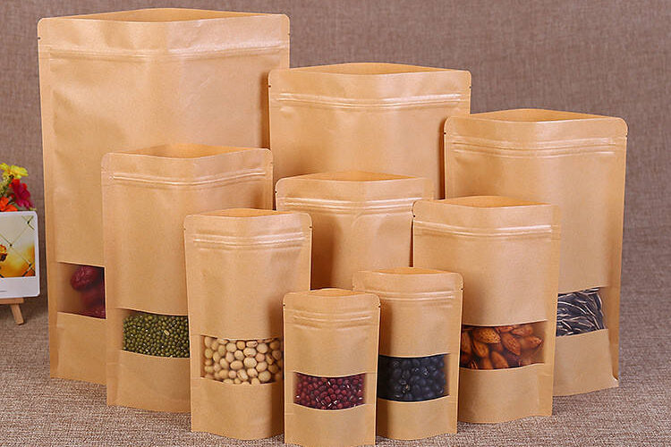 Eco Kraft Paper Pouches with Window for Dry Food and Tea (6) Resealable eco kraft paper pouches with window for tea food