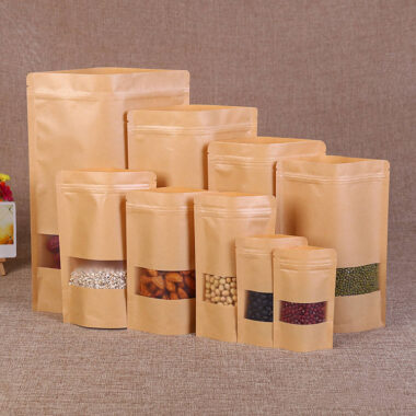 Resealable eco kraft paper pouches with window for tea food