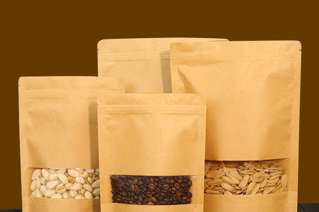Food Grade Recyclable Kraft Paper Pouches with Window (1) Recyclable food grade kraft paper pouches with clear window