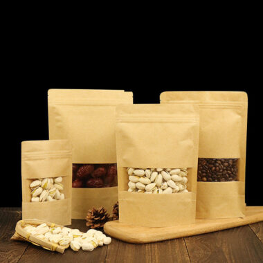 Recyclable food grade kraft paper pouches with clear window