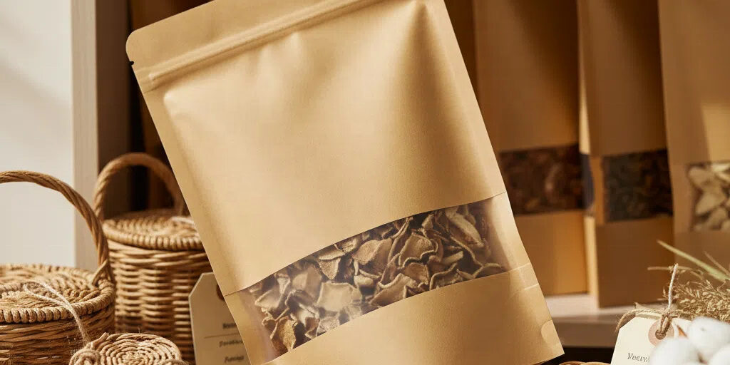 Brown zipper paper pouches with window for food packaging