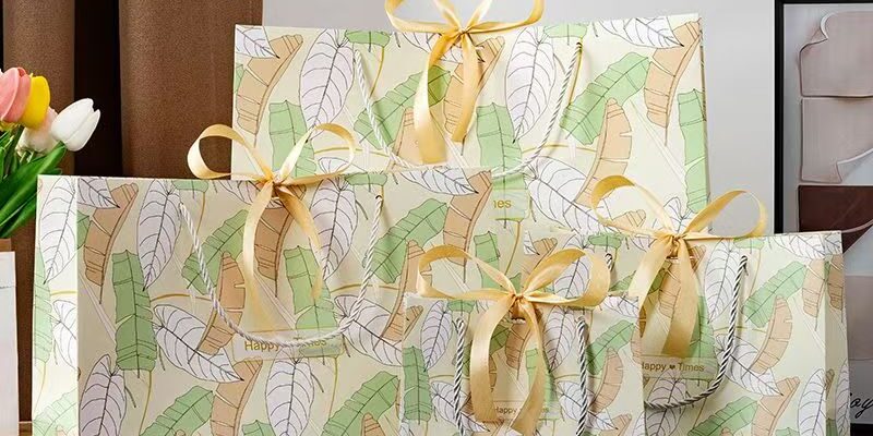 Minimal green leaf shopping and gift paper bags
