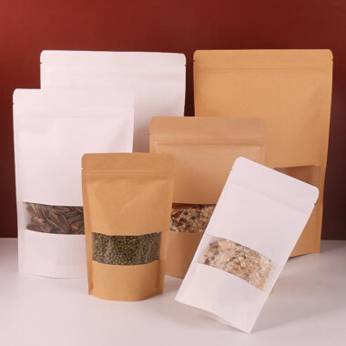 Kraft paper pouches with window for tea nut food packaging