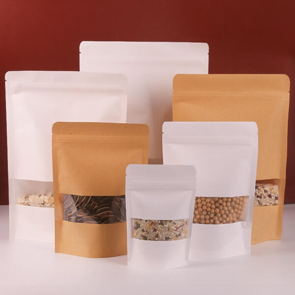 Kraft paper pouches with window for tea nut food packaging
