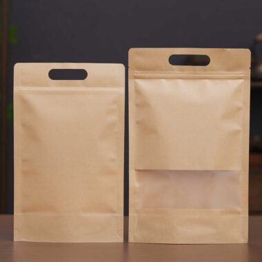 Resealable kraft paper pouches with clear window packaging