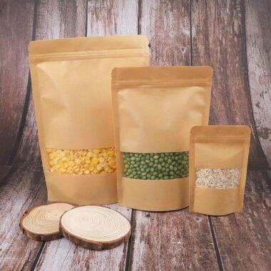 Resealable kraft paper pouches with clear window packaging
