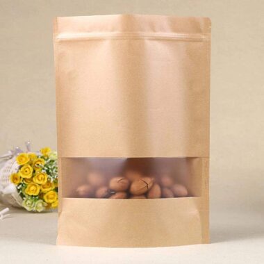 Resealable kraft paper pouches with clear window packaging