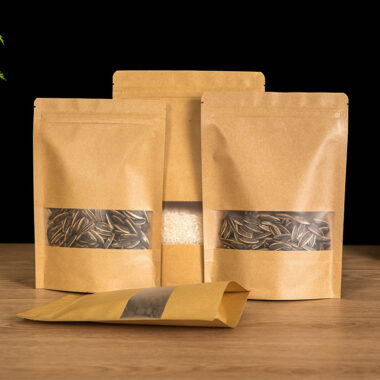 Resealable kraft paper pouches with clear window packaging