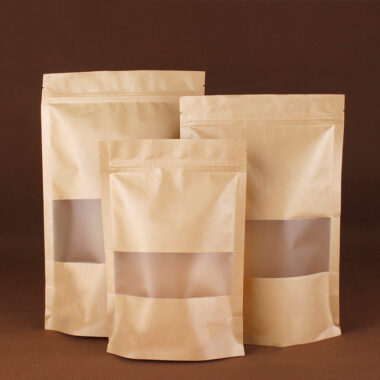 Resealable kraft paper pouches with clear window packaging
