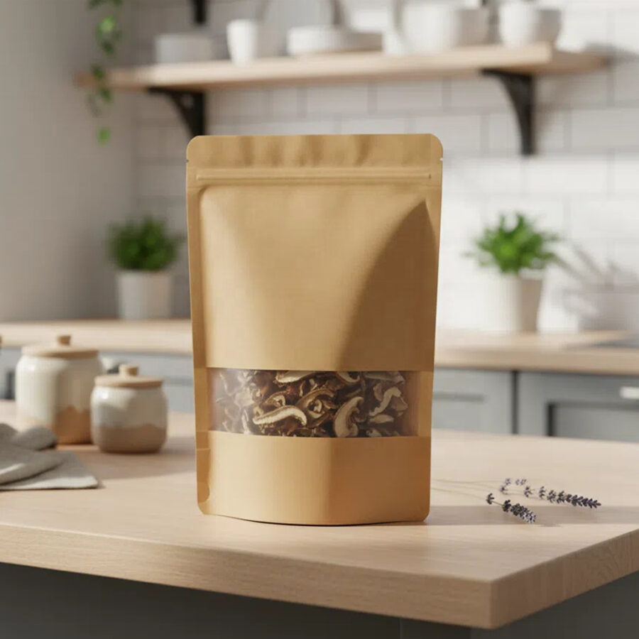 Resealable kraft paper pouches with clear window packaging