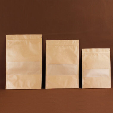 Resealable kraft paper pouches with clear window packaging