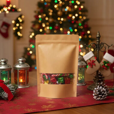 Food kraft paper pouches with window and resealable zipper