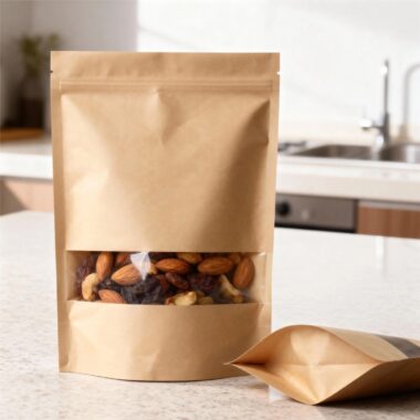 Food kraft paper pouches with window and resealable zipper