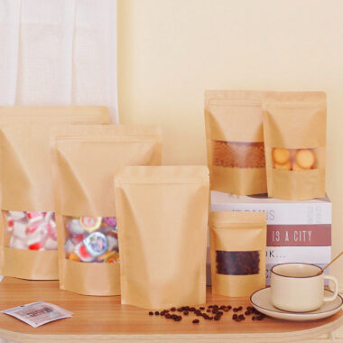 Food kraft paper pouches with window and resealable zipper