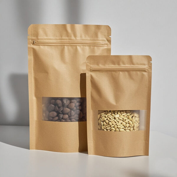 Reusable kraft paper pouches with window for dried food packaging