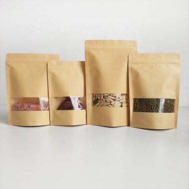 Reusable kraft paper pouches with window for dried food packaging