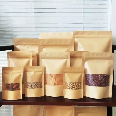 Kraft paper food packaging pouches with zipper and window