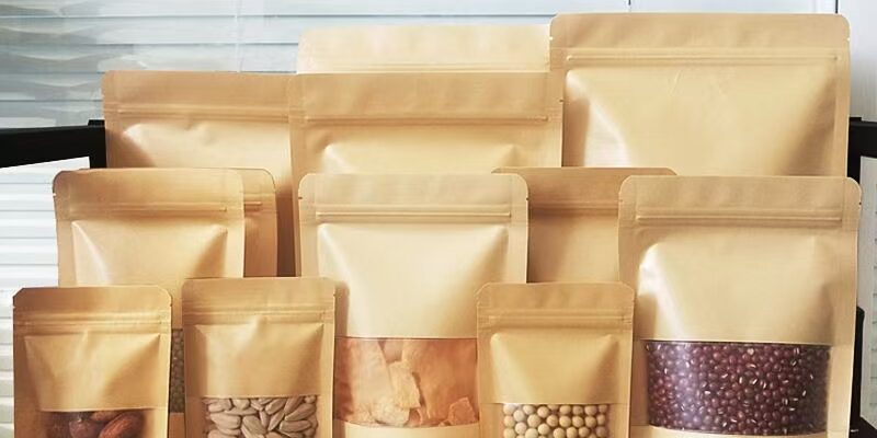 Kraft paper food packaging pouches with zipper and window