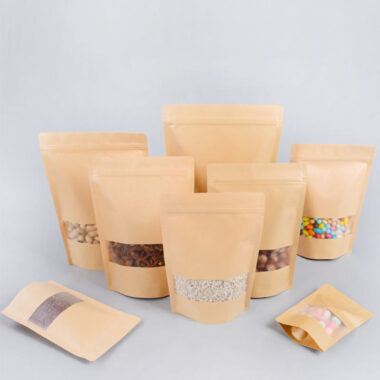Kraft paper food packaging pouches with zipper and window