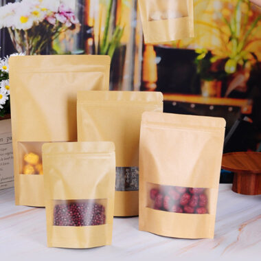 Kraft paper food packaging pouches with zipper and window