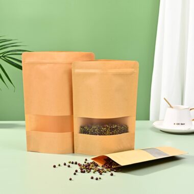 Kraft paper food packaging pouches with zipper and window