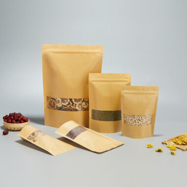 Kraft paper food packaging pouches with zipper and window