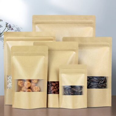 Kraft paper food packaging pouches with zipper and window
